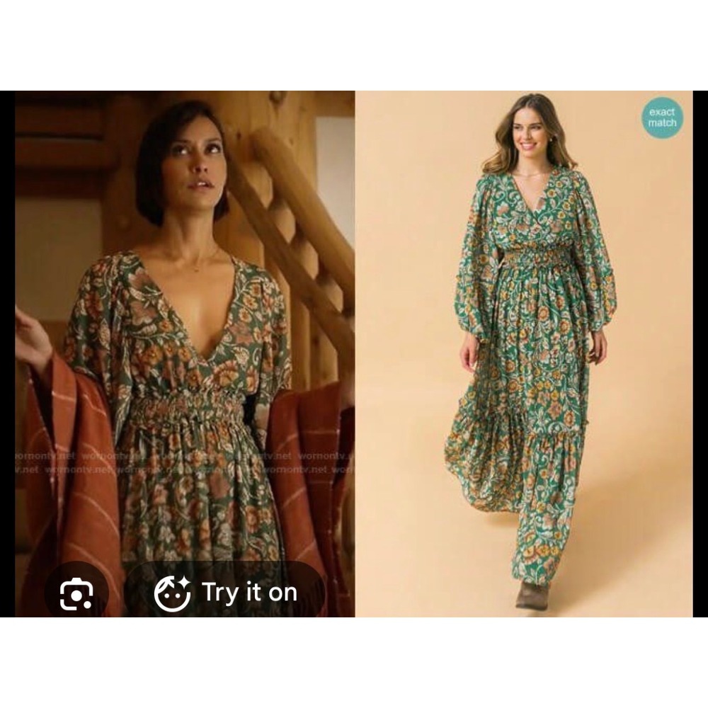 Baltic Born Marsielle Maxi Dress Green Floral Smocked Long Sleeve Boho Wedding S